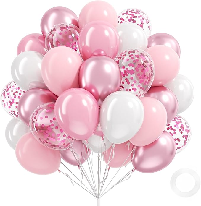 Light Pink and White Balloons, 60pcs 12inch Pearl Light Baby Pink Confetti White Balloons for Wedding Bridal Shower Baby S...
