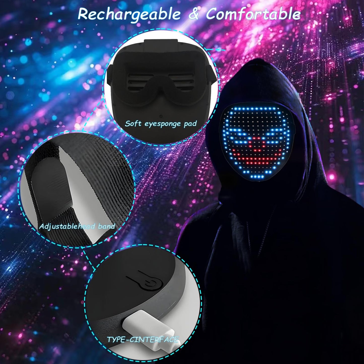 JDBMAOYE Led Mask, Lighted Up Mask with Gesture Sensing,Led Mask Costume for Halloween Costume,Masquerade,Cosplay Party