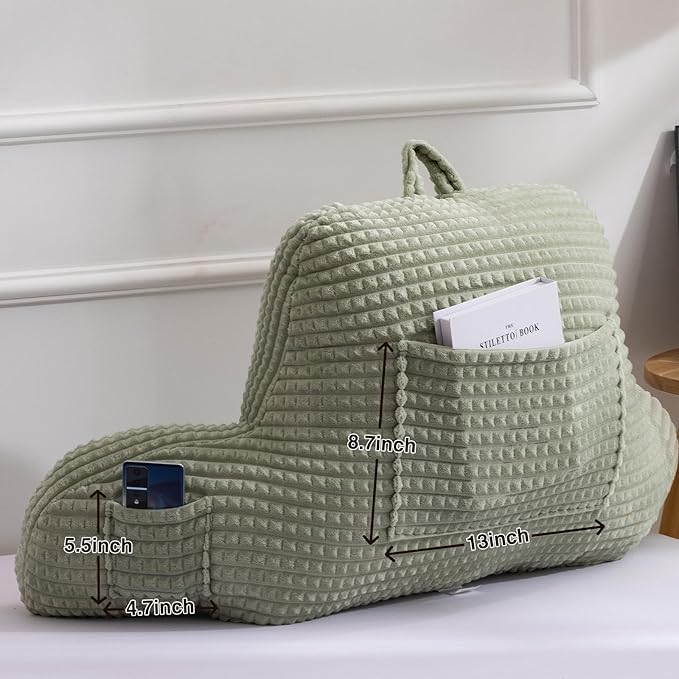 A Nice Night Reading Pillow Bed Wedge Large Adult Children Backrest with Arms Back Support for Sitting Up in Bed/Couch for Lounging Bedrest,Waffle Stereoscopic Design,LightGreen