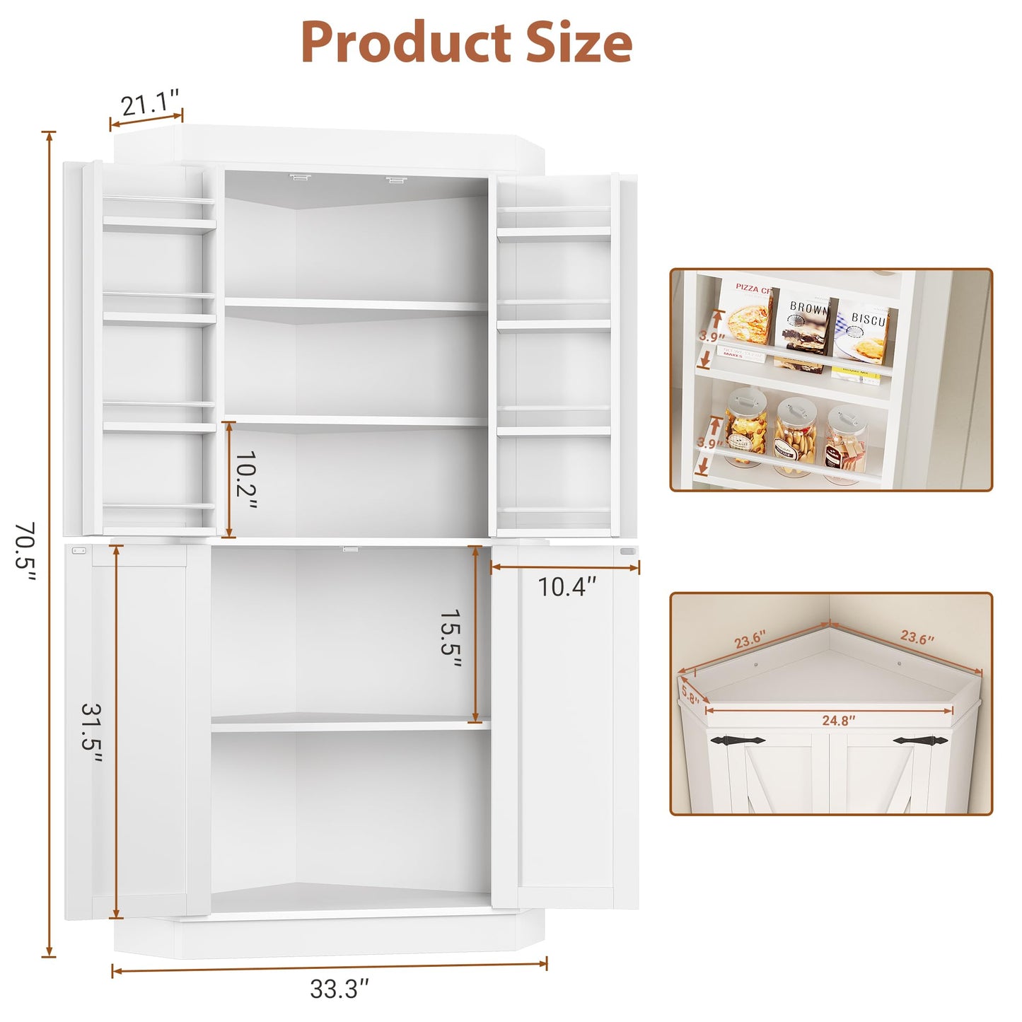 Jocoevol Corner Cabinet, Kitchen Pantry Storage Cabinet with 4 Doors and Shelves, Tall Food Pantry Storage Cabinet Farmhouse Furniture for Kitchen Dining Room, White
