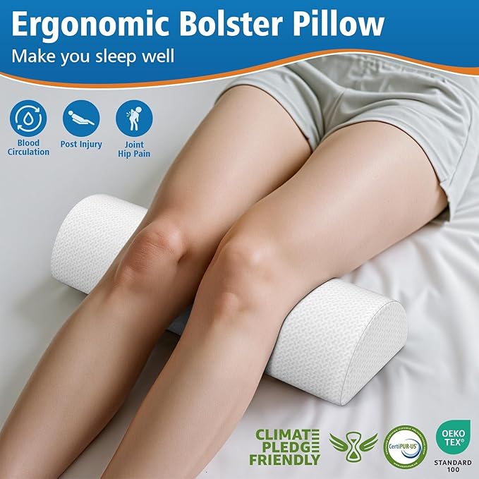 Large Knee Pillow for Side Sleepers, Half Moon Memory Foam Bolster Pillow for Legs, Ergonomic Design Wedge Elevation Pillow for Side & Back Sleeping, Under Knee Support, Foot, Ankle, Lumbar, White