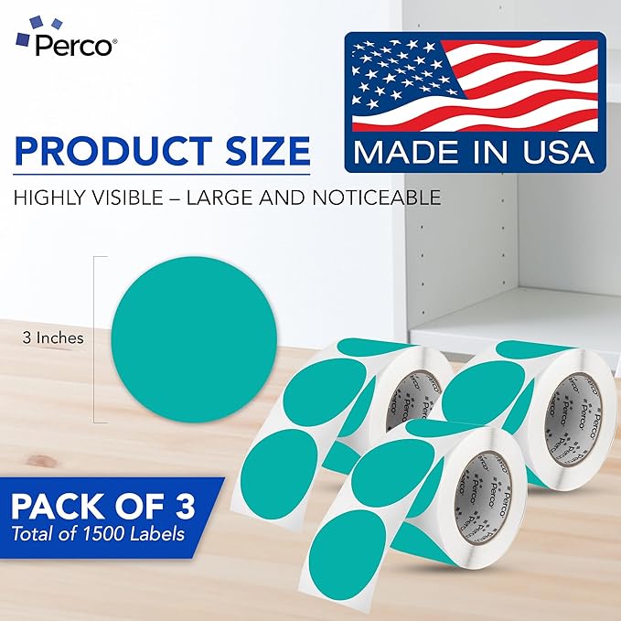 Perco Teal 3-Inch Round Circle Dot Sticker Labels - Multi-Roll Pack (3 Rolls, 500 Labels Each) - Permanent Adhesive, Vibrant Colors, Strong Hold - Perforated for Easy Use - Made in USA