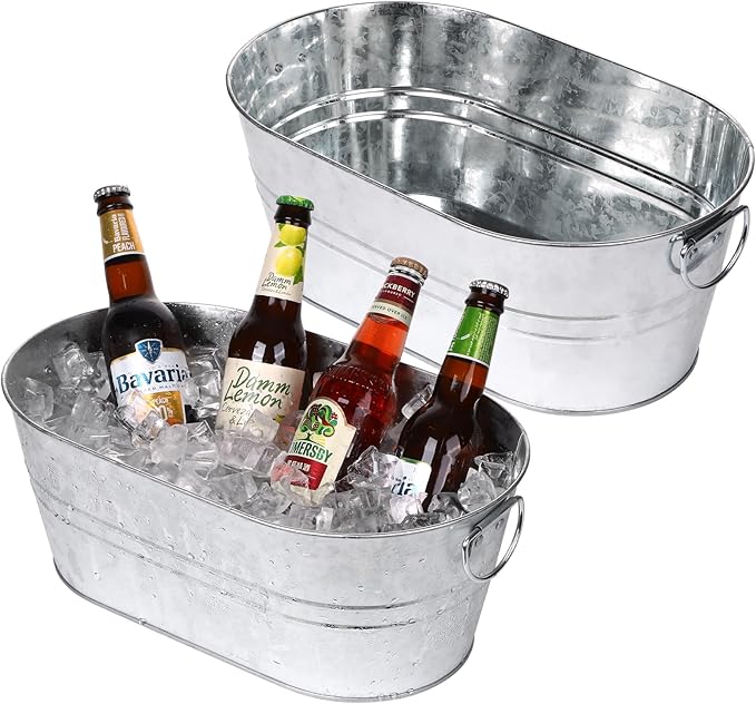 Galvanized Tub Beverage Tubs, 2pcs Metal Ice Buckets for Cocktail Bar 3 Gallon Wine Beer Drink Buckets with Handles Large ...