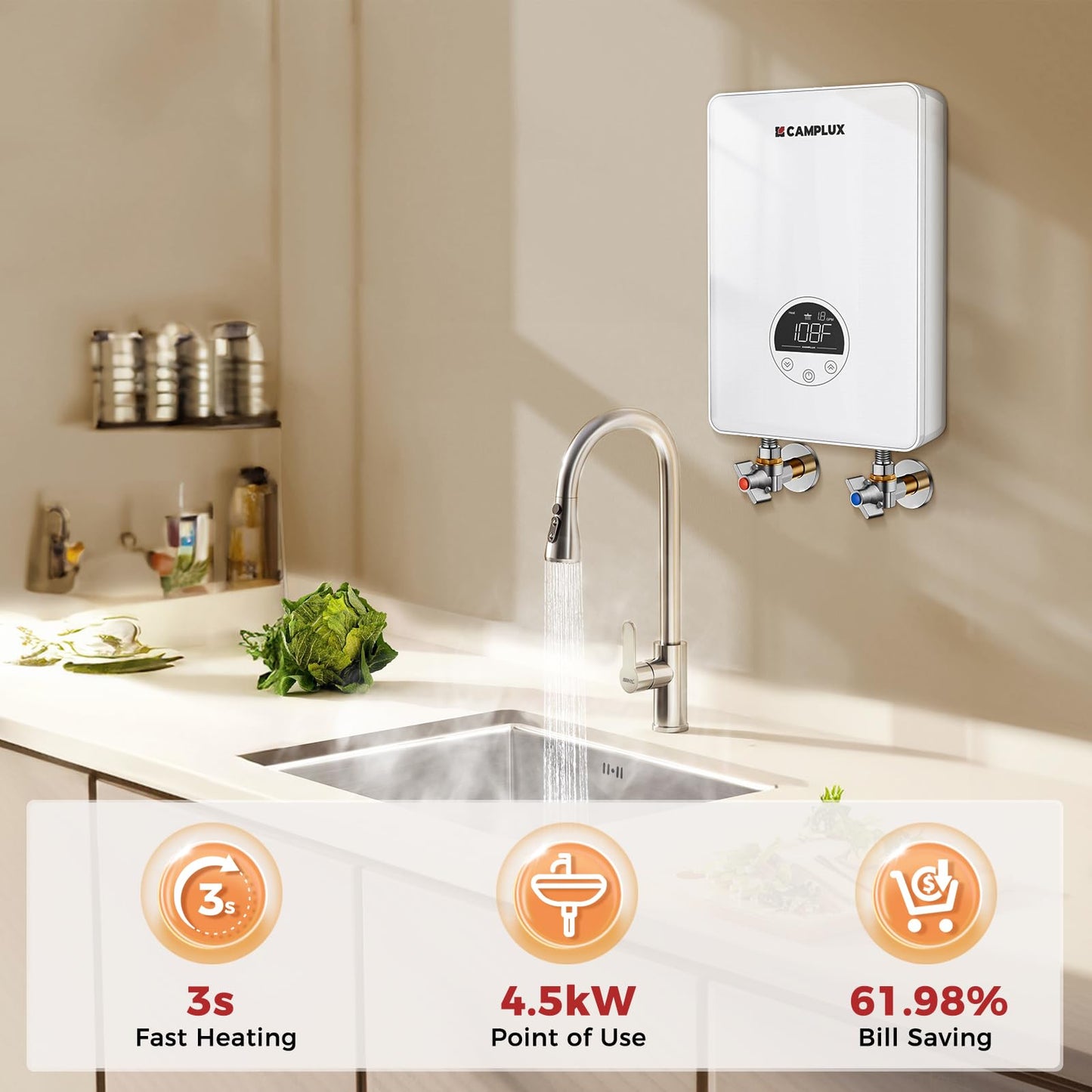 CAMPLUX Tankless Water Heater Electric 4.5kW 110~120V Small Instant Hot Water Heater, Point-of-Use, Save Space for Sink Wall Mounted LED Digital Display CSA Certified TE05