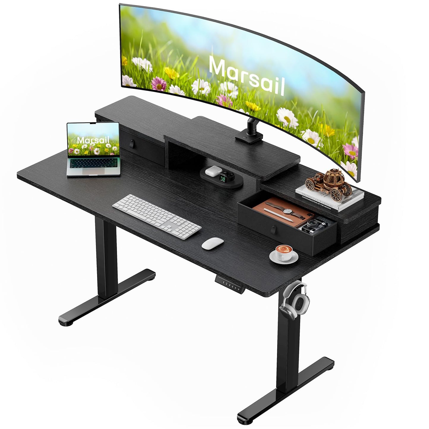 Marsail 55″ x 28″ Electric Standing Desk with Drawers, Height Adjustable Sit Stand Up Desk with Storage Shelf, Ergonomic Home Office & Computer Table with 4 Memory Heights, Black