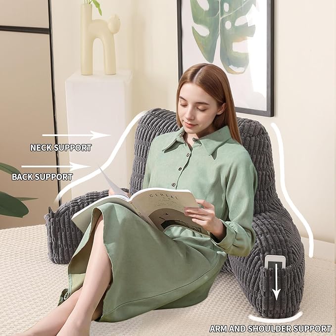 PAJEO Reading Pillow for Sitting in Bed, Large Backrest Reading Pillow with Arm Rest,Back-Rest Support Cushion for Sit Up on Couch, Sofa, and Floor, Dorm Essentials (Grey Corduroy, Standard(17"))