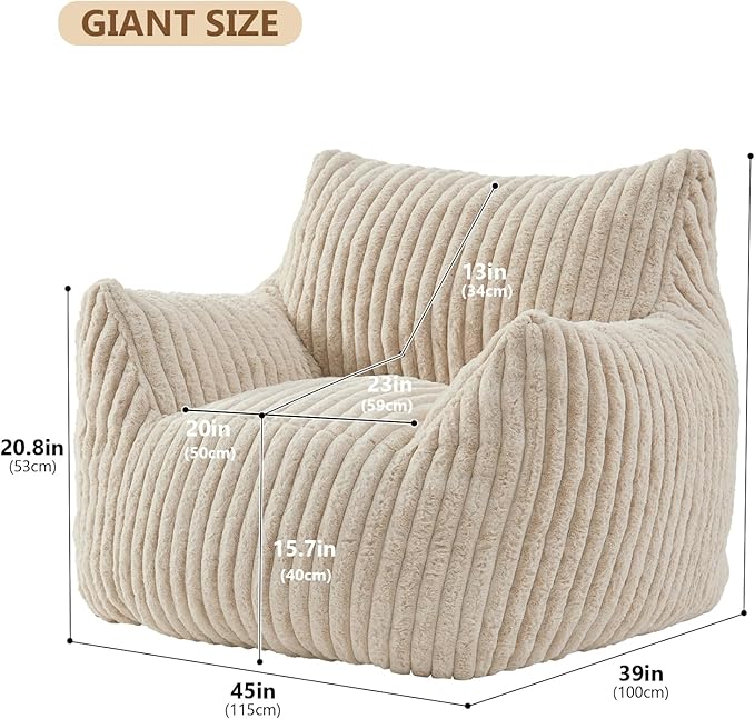 Achicsofar Giant Bean Bag Chairs for Adults Teens, Large Bean Bag Sofa Chairs with Filling Comfy Fuzzy BeanBag Chair with Armrests for Bedroom Living Room Reading