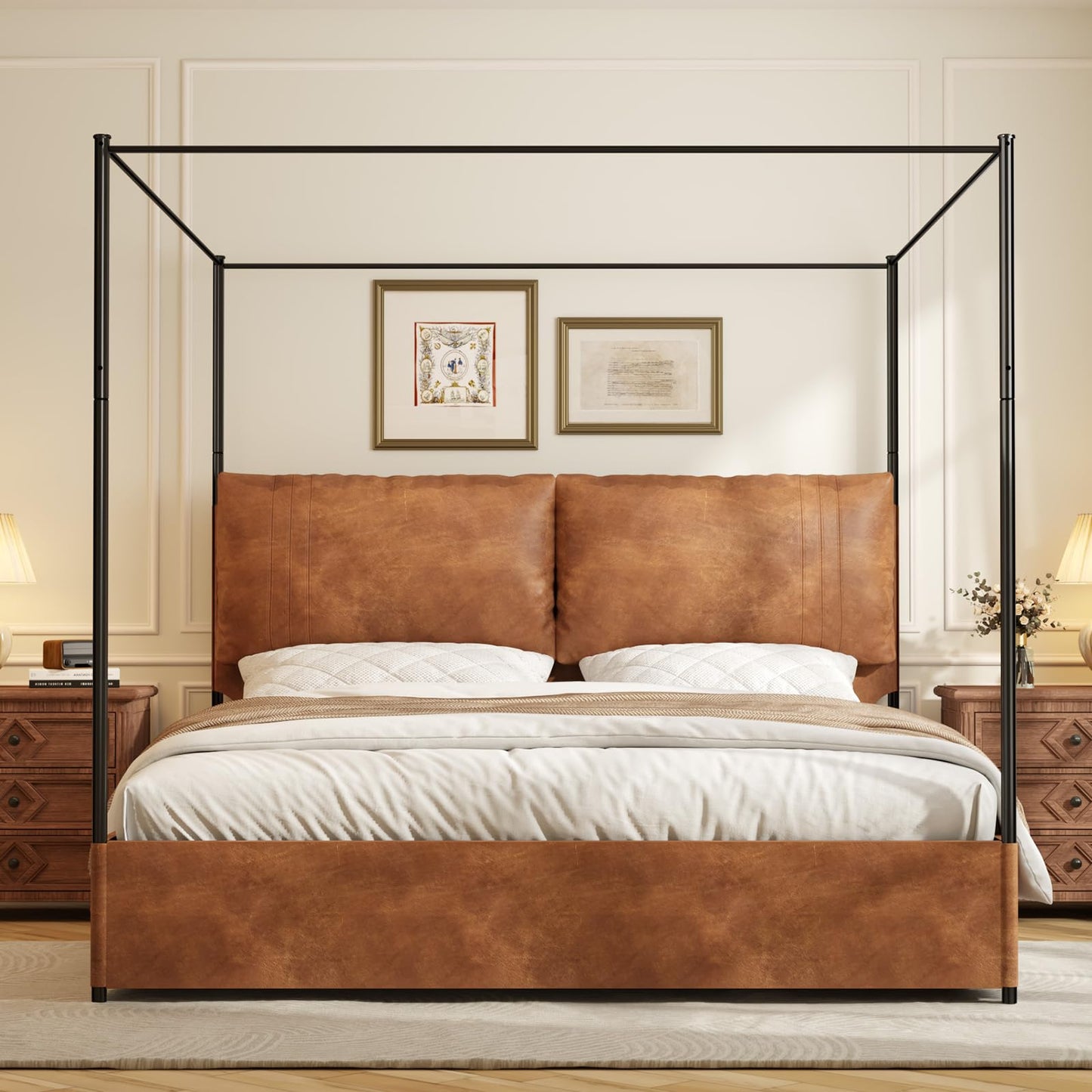 SAMTRA Modern Canopy Bed Frame with Upholstered Faux Leather Headboard – Tall Four Poster Metal Platform Bed, No Box Spring Needed, King Size, Brown and Black