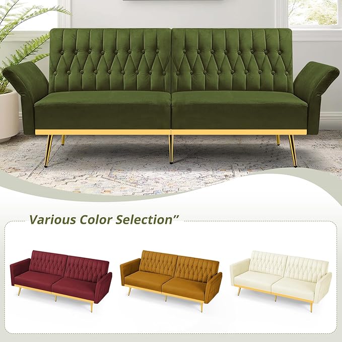 ACMEASE 70” Velvet Futon Sofa Bed w/Adjustable Armrests & 2 Pillows, Convertible Futon Couch w/Adjustable Backrests, Modern Sleeper Bed for Living Room, Bedroom, Olive Green