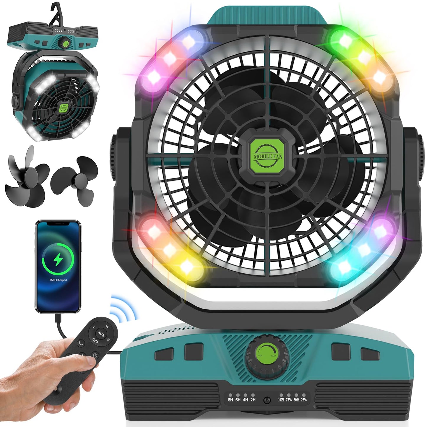Runtop 20000Mah Camping Fan, Remote Control Oscillation Rechargeable Battery Operated Outdoor Tent Fan W/Hanging Hook, Stepless