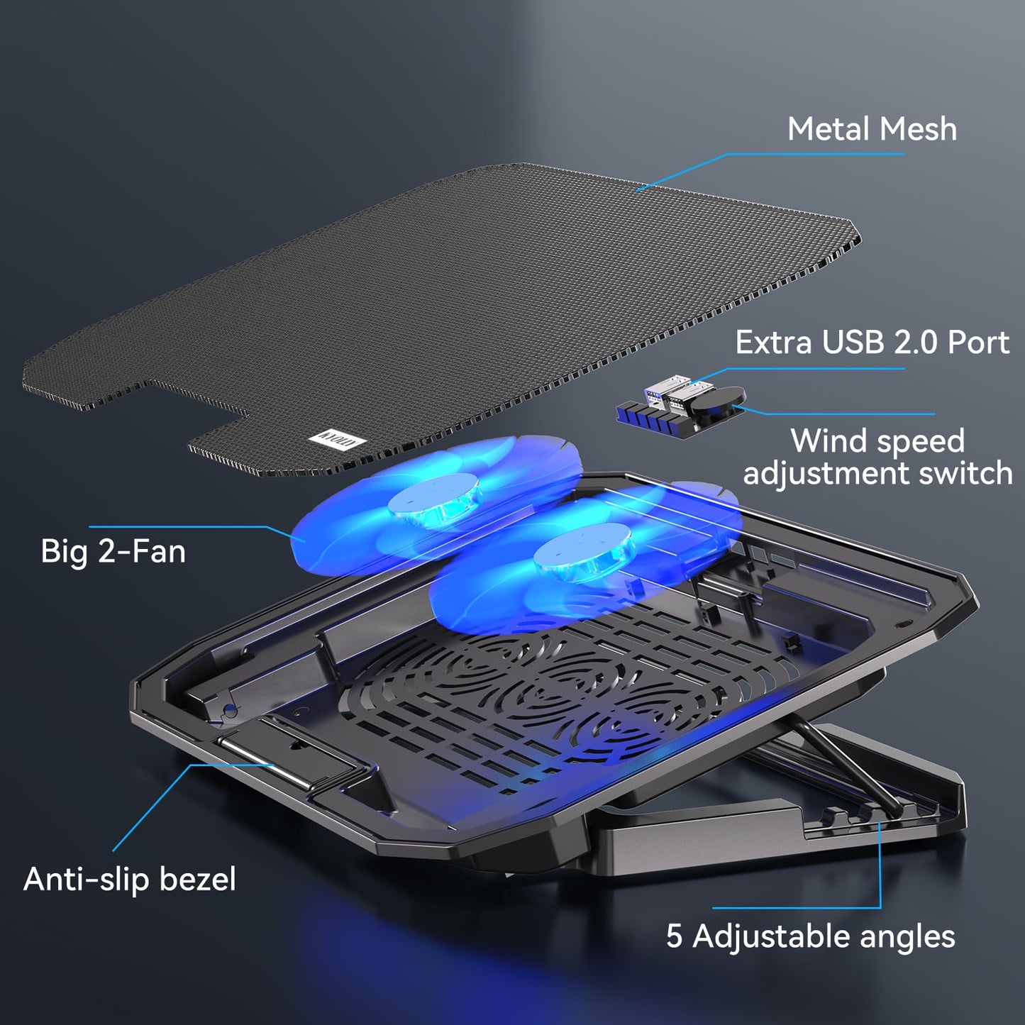 Kyolly Ultra Slim Laptop Cooling Pad With 2 Quiet Big Fans, 5 Height Adjustable Ergonomic Stand, Portable Cooler For 10-15.6 Inc