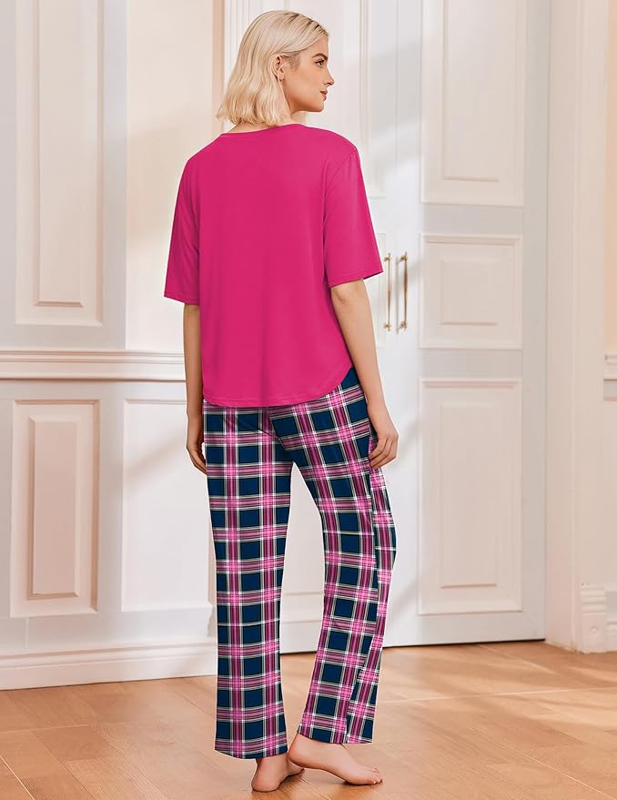 Ekouaer 2 Pack Womens Pajama Sets Short Sleeve Tops and Long Pants Casual Comfy Pjs Lounge Set with Pockets,S-XXL