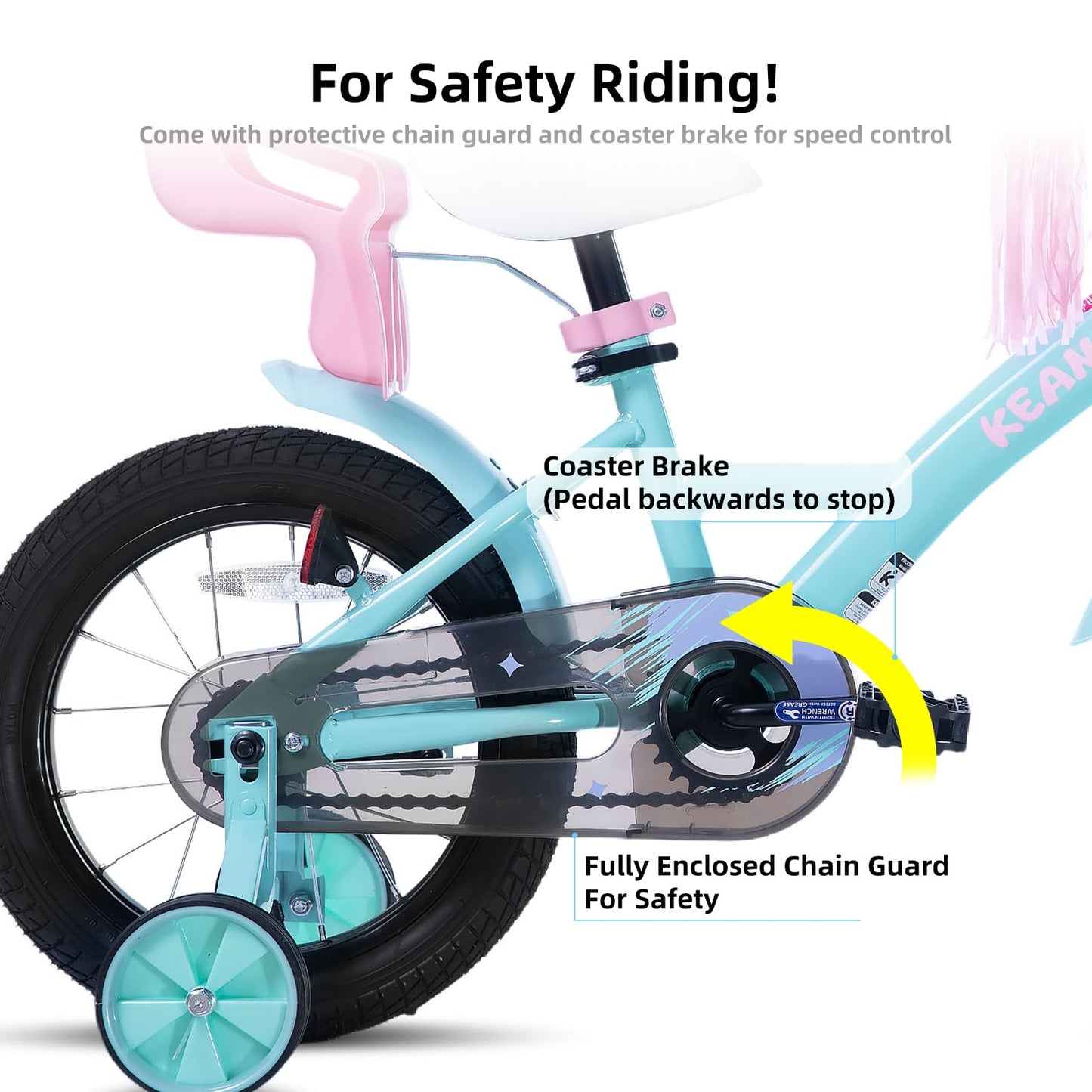 KEANO Zinnia 14 Inch Kids Bike for Girls Ages 3-5 Years, 14 Inch Girls' Bikes with Training Wheels, Streamers, Basket and Doll Seat, Children Bicycles Green