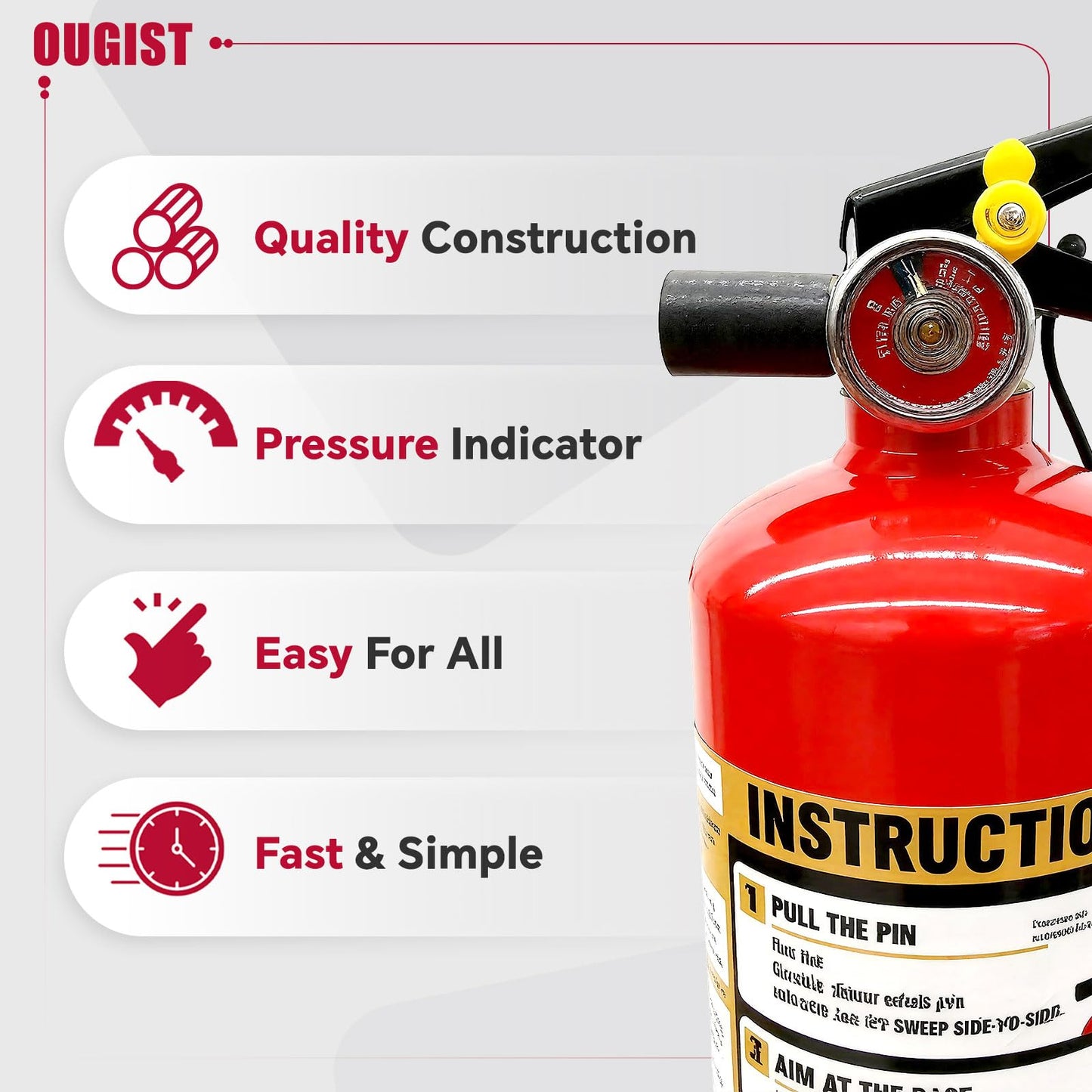 2.5LBS ABC Dry Chemical Fire Extinguisher for Home & Vehicle, Portable Kitchen/Car/RV Fire Extinguisher, Non-Conductive Multipurpose Class A B C, Red (1-Pack)