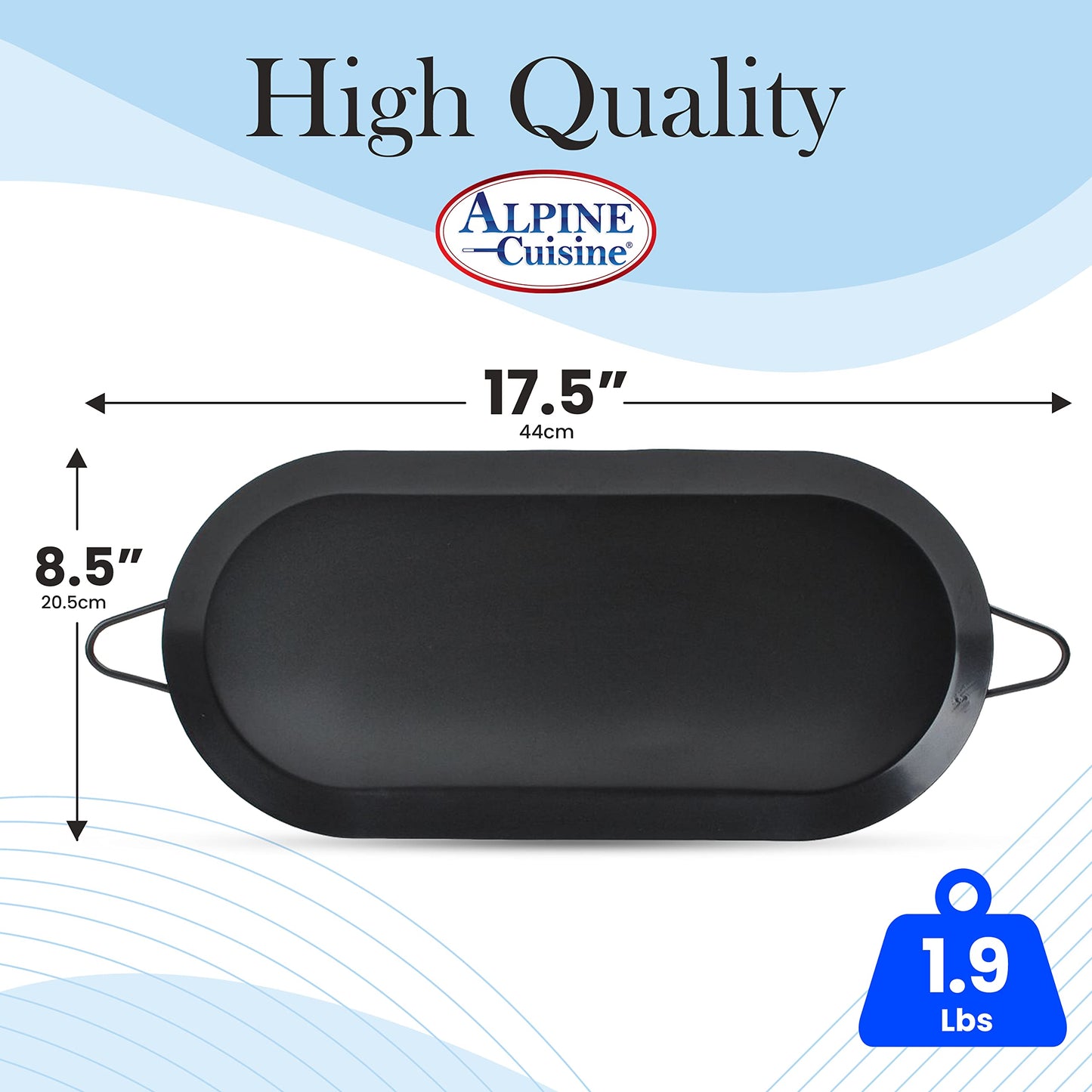 Alpine Cuisine Nonstick Oval Comal Griddle 17.5x8-Inch - Black Carbon Steel Tortilla Comal with Double Handle - Durable, Heavy Duty Comal for Cooking - Even-Heating