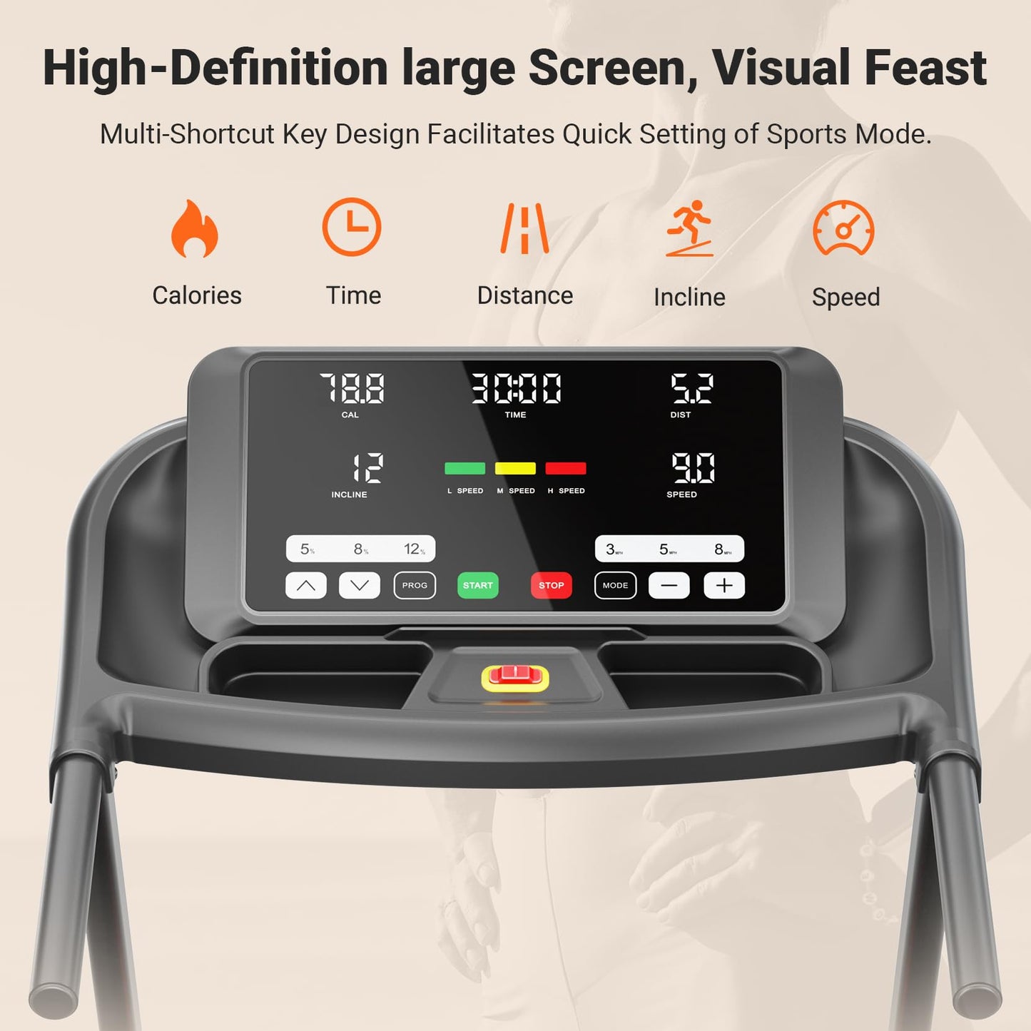 THERUN Incline Treadmill, 0-12% Auto Incline Treadmill for Running and Walking, 300 lbs Weight Capacity, Wide Belt,3.0HP,18" LED Screen, 2 Layers Shock-Absorbing, Orange Black