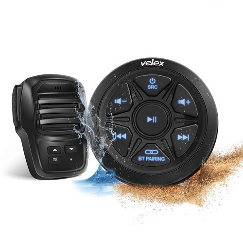 Velex Bluetooth Audio Receiver, Waterproof Marine Amplifier 2 Channel with Rechargeable Handheld Microphone Wireless Range 30 Feets
