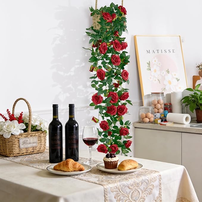 U'Artlines 5 Pack Artificial Red Rose Vines Floral Garlands Total 32.5 Ft Fake Vine Silk Flower Garland for Indoor Outdoor Home Wedding Arch Garden Wall Decoration