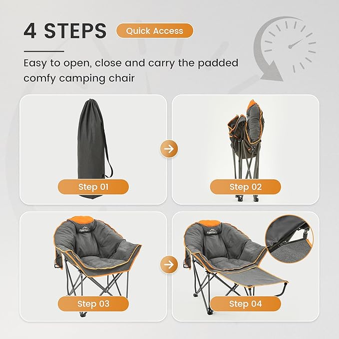 OUTDOOR LIVING SUNTIME Oversized Padded Comfy Camping Chair with Removable Footrest，Weight Capacity 400LBS, Heavy Duty Moon Round Leisure Folding Chair for Camping, Hiking, Carry Bag, Orange