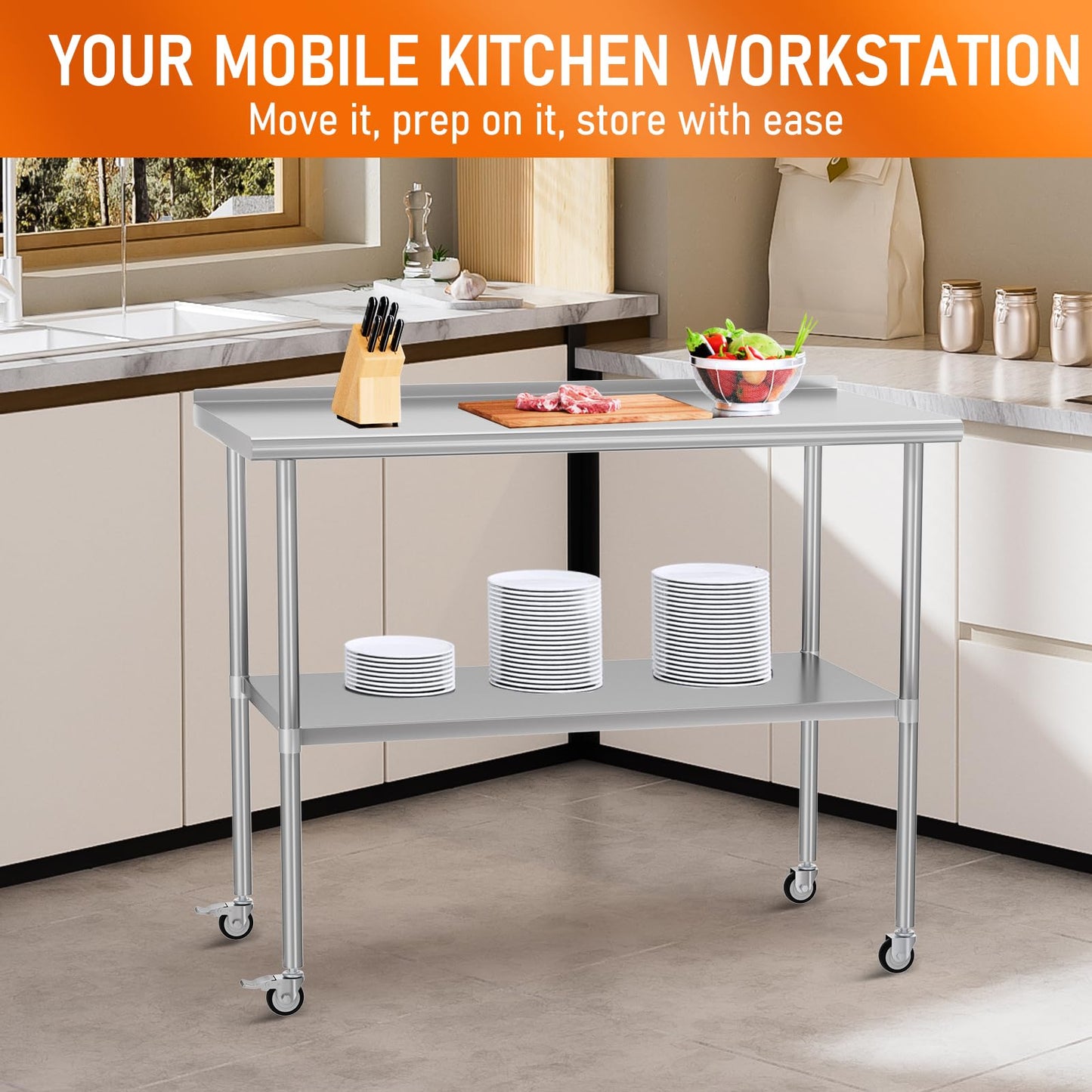 HOCCOT Stainless Steel Prep Table 24" X 48" with Adjustable Undershelf, Backsplash and Wheels, Commercial Metal Workstations for Kitchen, Garage, Outdoor BBQ