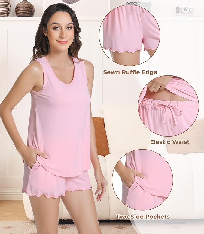 NACHILA Pajamas for Women-Viscose from Bamboo, Ribbed Racerback Tank Top Sexy Split Shorts Pajama Sets Cooling Sleep Cami Pjs