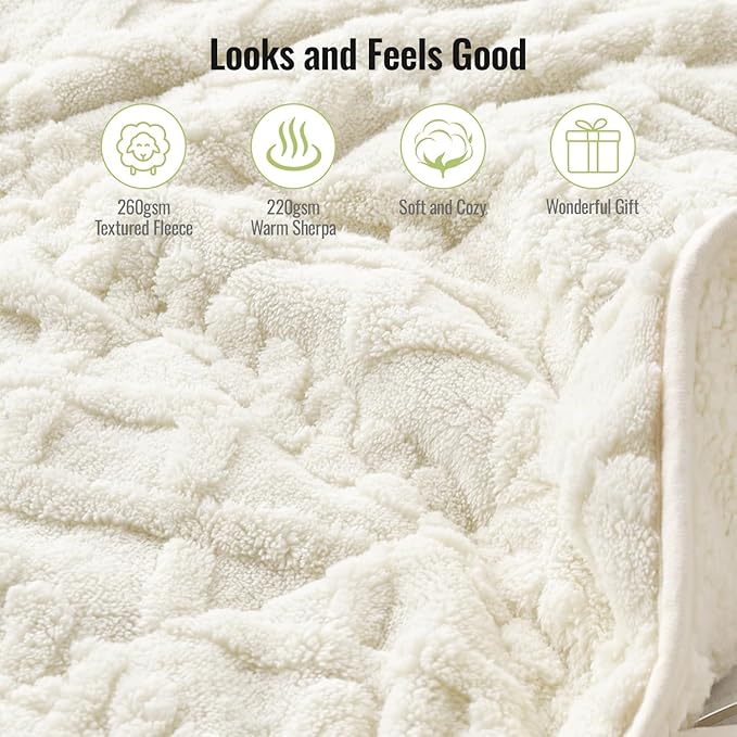 Uttermara Weighted Blanket for Adults Queen Size 20lbs 60x80 inches, Dual Sided Soft Jacquard Sherpa Weighted Blankets, Thick Heavy Blanket for Sleeping and Calming, Cream White