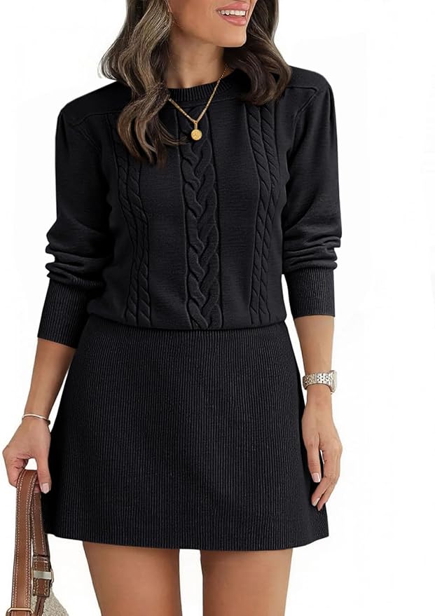 Saodimallsu Womens Puff Long Sleeve Sweater Dress Cable Knit A Line Crew Neck Fall Casual Flare Mini Dresses