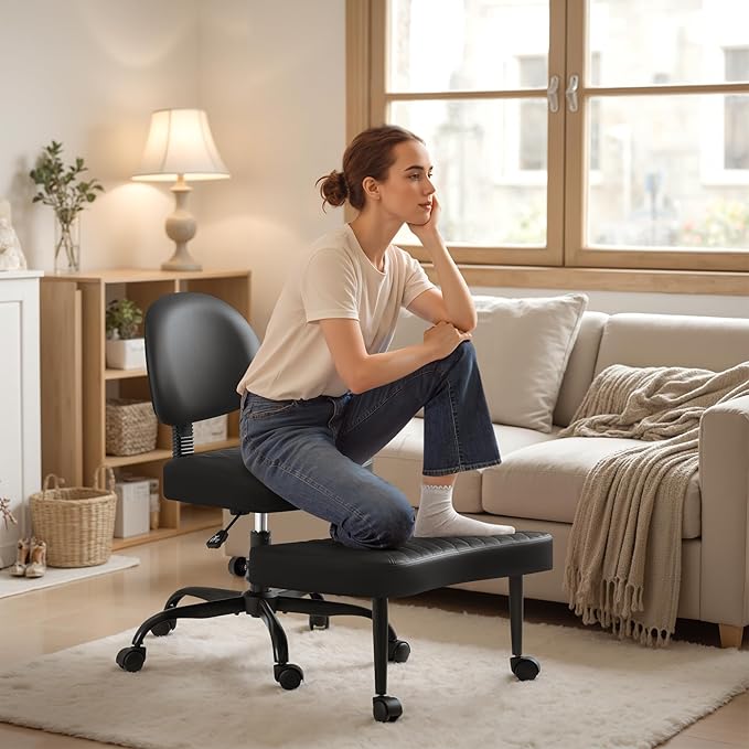 Homall Ergonomic Cross Legged Office Desk Chair with Wheels, 360° Swivel and Adjustable Height for Meditation and ADHD,Criss Cross Kneeling Chair with Lumbar Support (Leather, Black)