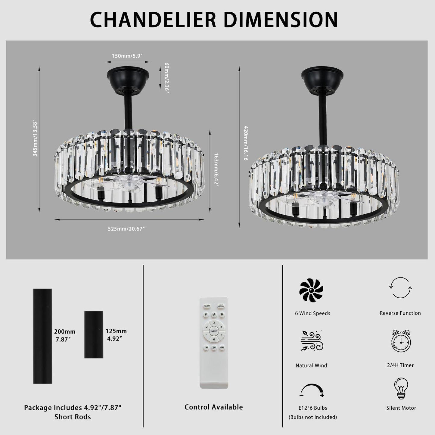 FRIXCHUR Crystal Caged Ceiling Fan with Lights and Remote 20.7 Inch Black Fandelier Semi Flush Mount 6 Speed Reversible Chandelier for Dining Bedroom Living Room Kitchen E12 x 6 Bulbs Not Included