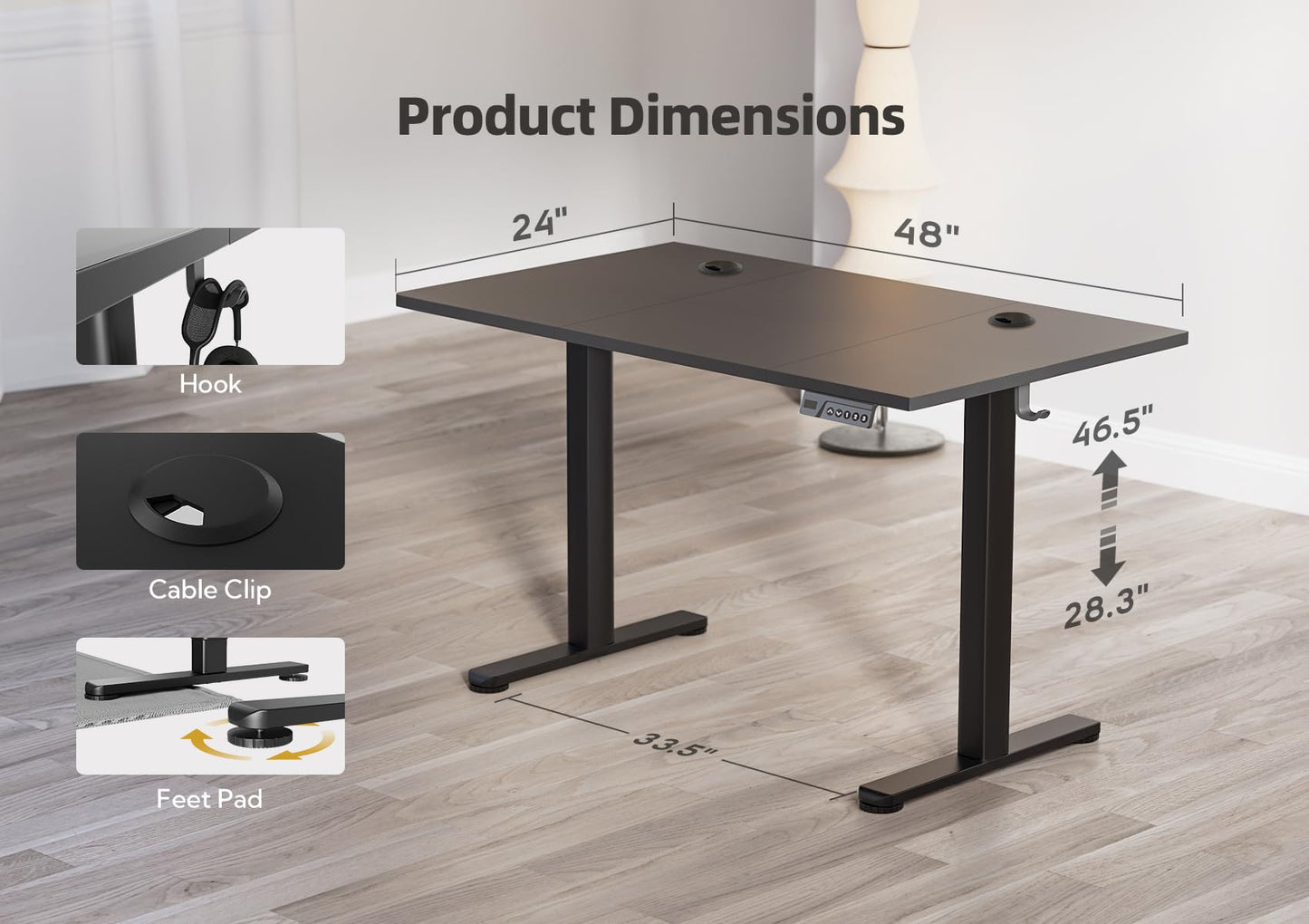 YDN Electric Standing Desk Adjustable Height, 48 x 24 Inches Stand up Desk with Cable Management, Home Office Desks with Splice Board & Black Frame, Black Top