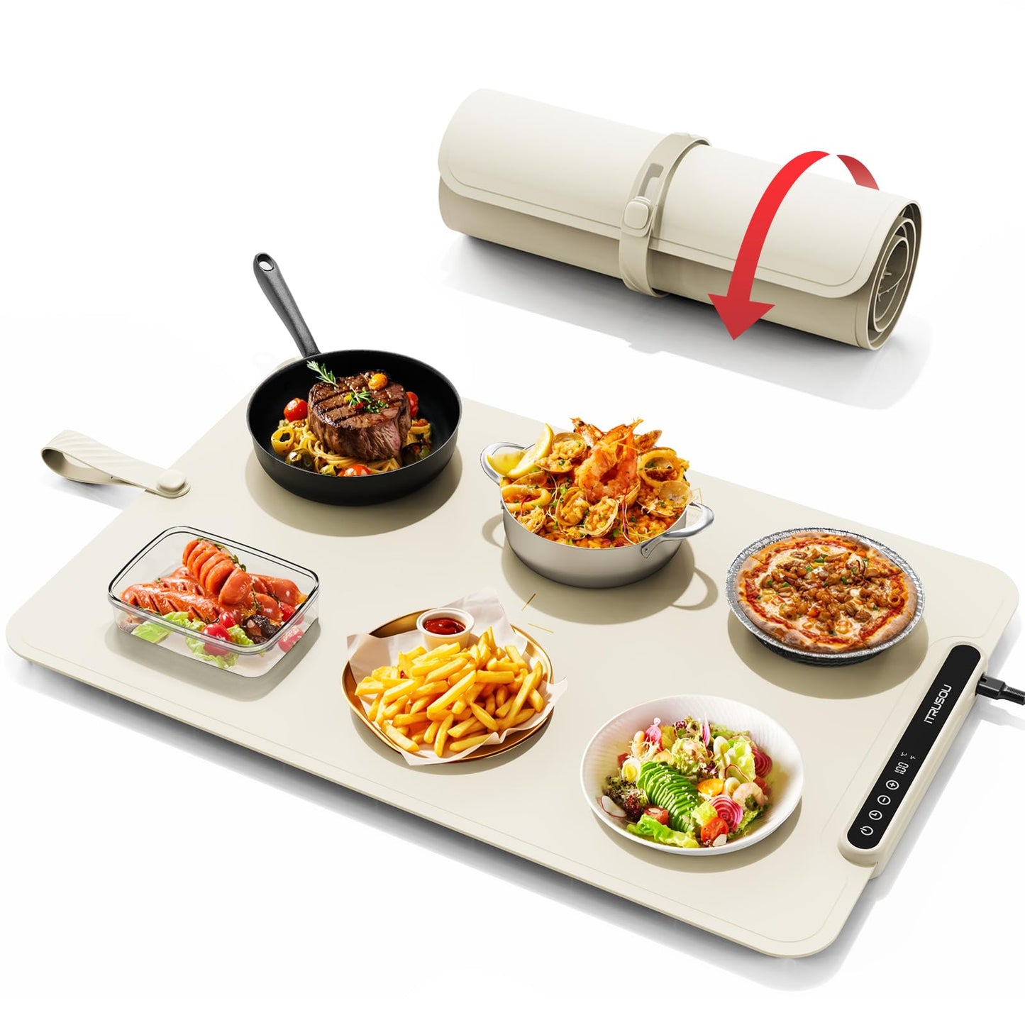 Warming Mat for Food, iTRUSOU Electric Warming Tray 99H Continuous Heat,7 Temp Settings,Patented Full-Surface Heating,°F/°C Switch,Flexible Roll-Up Food Warmers for Parties Buffet,Everyday Use