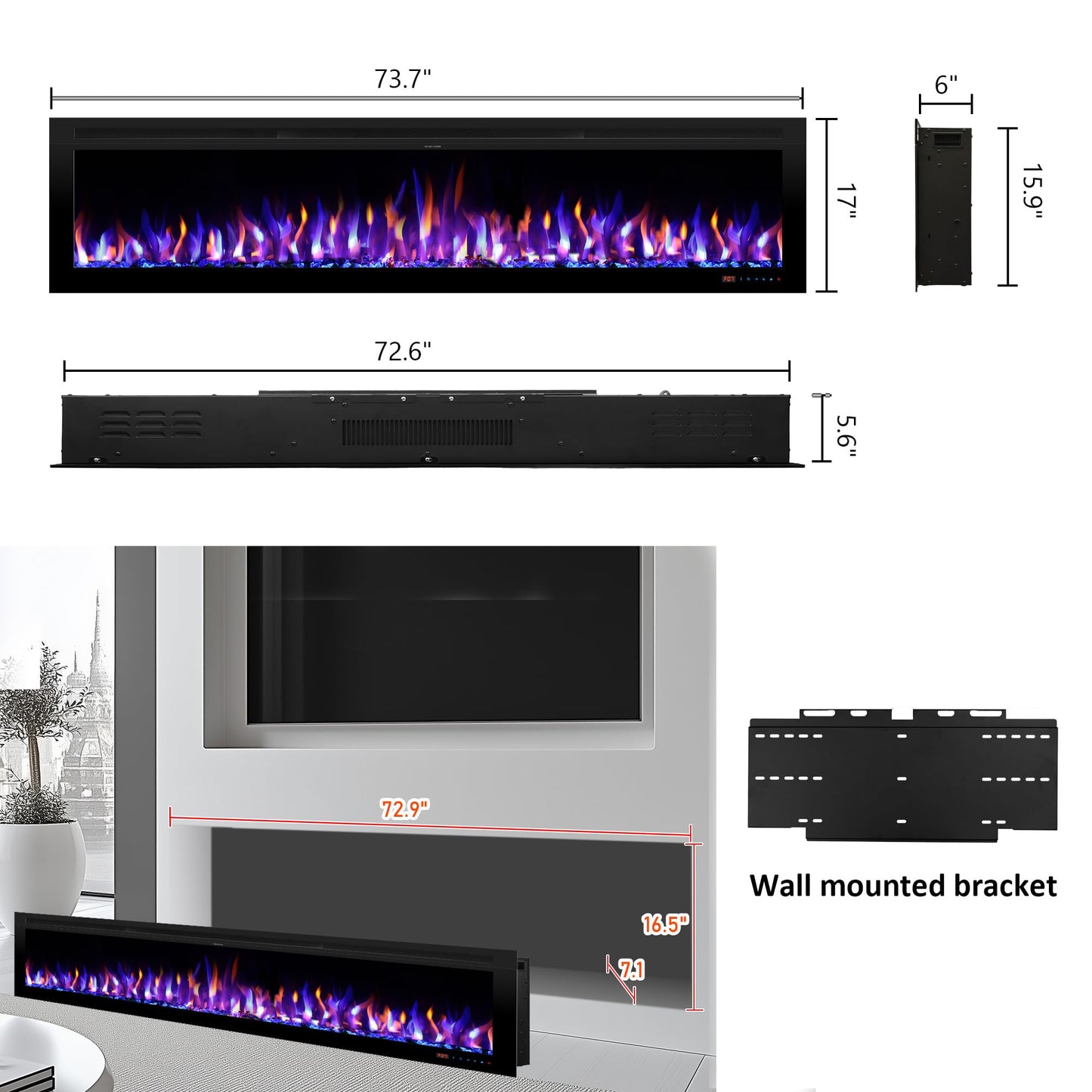 Kentsky 74" Electric Fireplace, Wall Mounted & Insert Electric Fireplace, W/Mixed Color Flame, Adjustable Brightness & Speed, 0-8H Timer, Thermostat, 750w/1500w, Balck