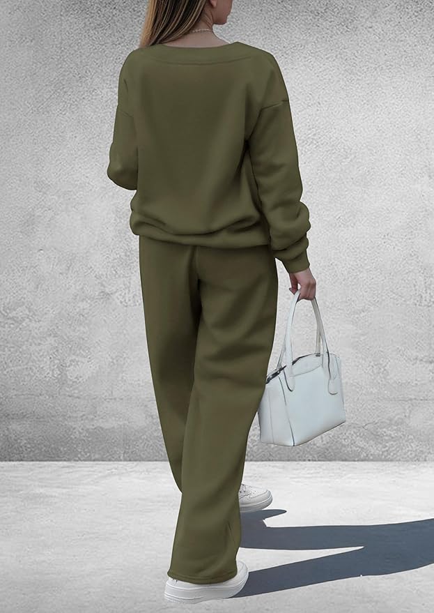 PRETTYGARDEN Casual Winter Two Piece Sets for Women 2026 V Neck Sweatshirt Loose Wide Leg Pants Tracksuit Knit Fall Outfits