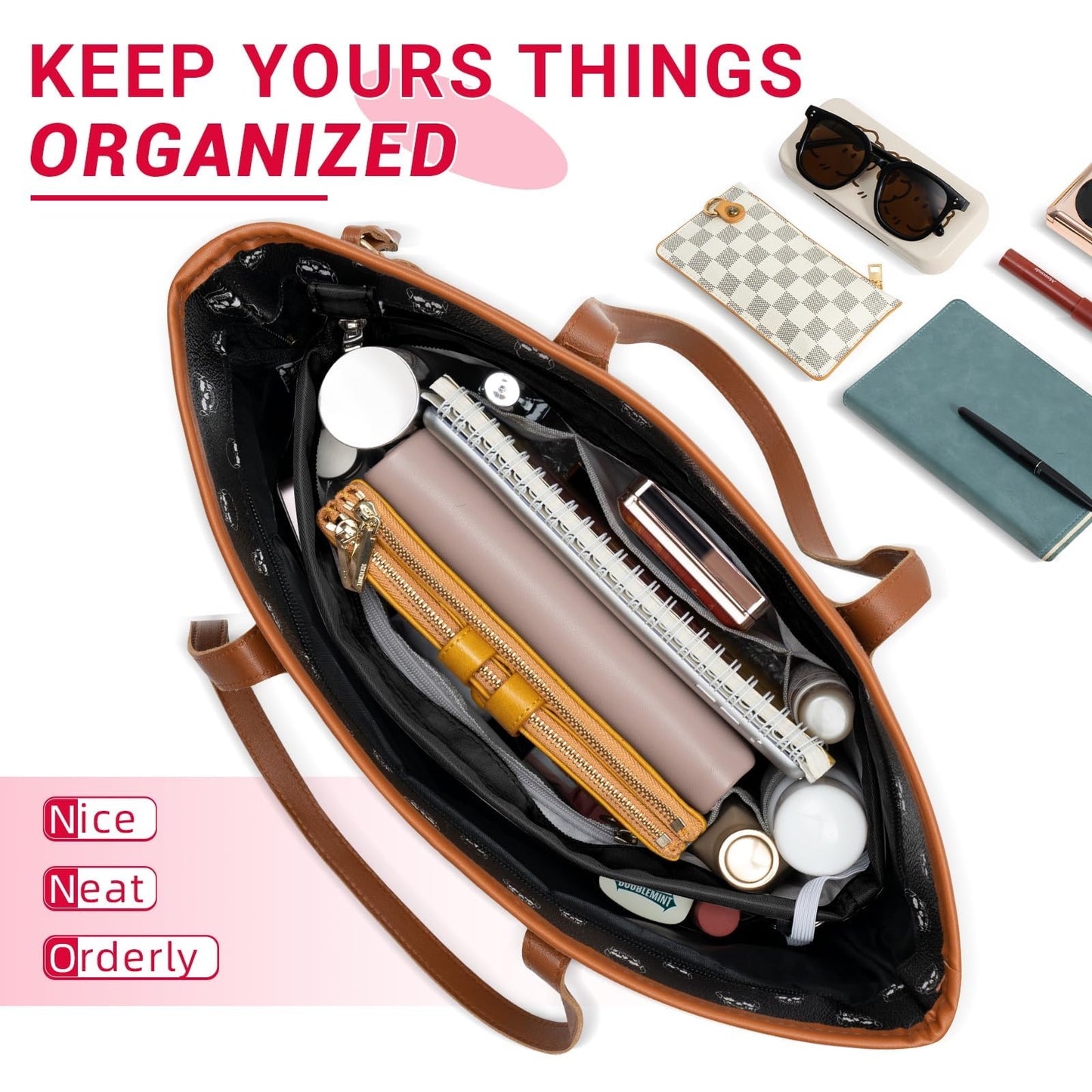 HyFanStr Purse Organizer Insert with Zipped Top for Tote Bag, Handbag Shaper with 13 Pockets, Black S