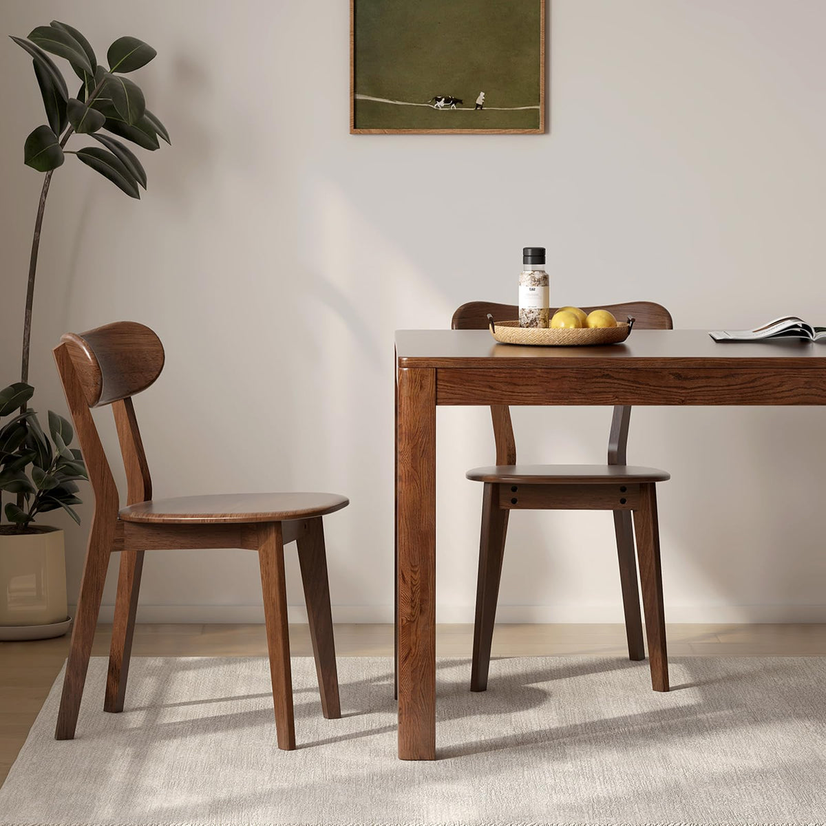 100% Solid Wood Dining Chairs Set of 2, Mid Century Modern Dining Chairs with Curved Backrest, Wooden Desk Chair with Solid Rubber Wood Frame for Kitchen, Dining Room, Study, Living Room, Walnut (2PK)