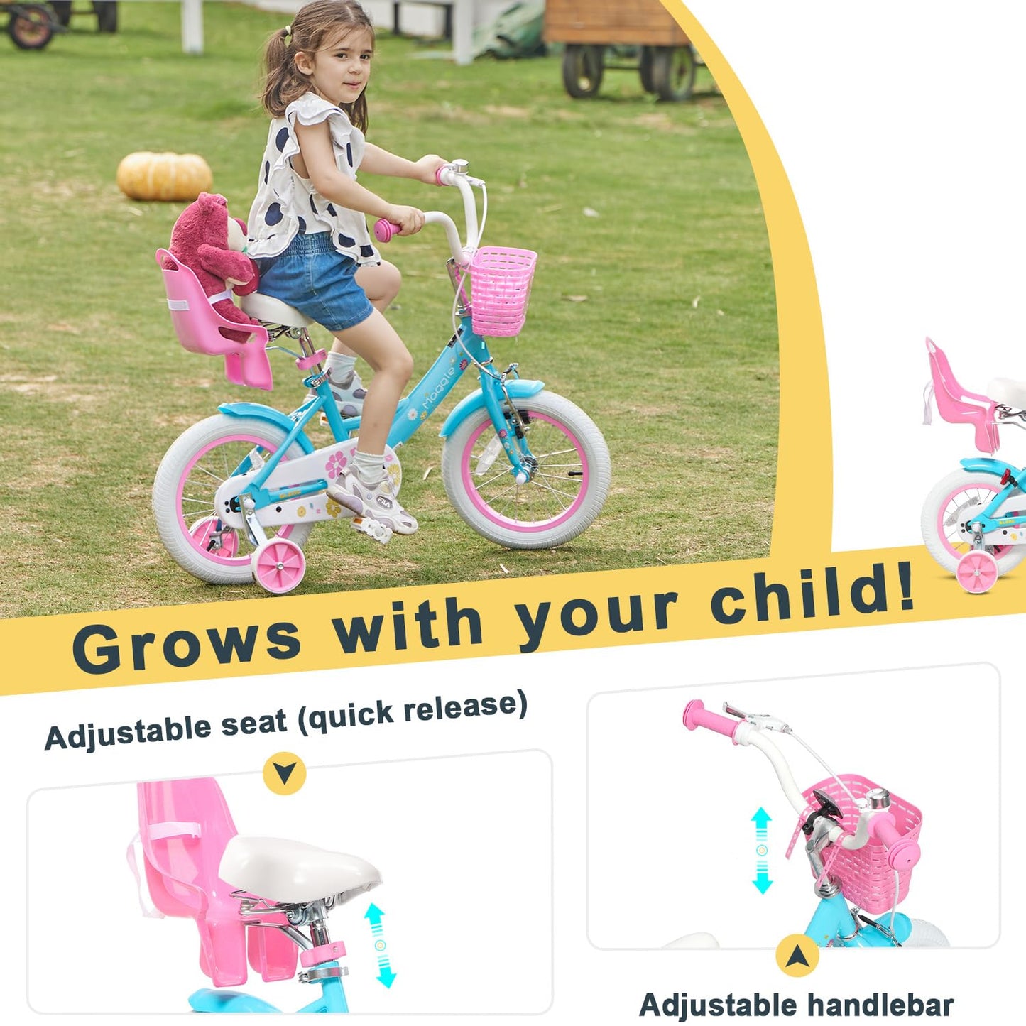 Glerc Maggie Girls Bike, 12 Inch Kids Bike for 2-4 Years Old Children, Princess Style Toddler Bike with Doll-Seat & Basket & Training Wheels, Blue