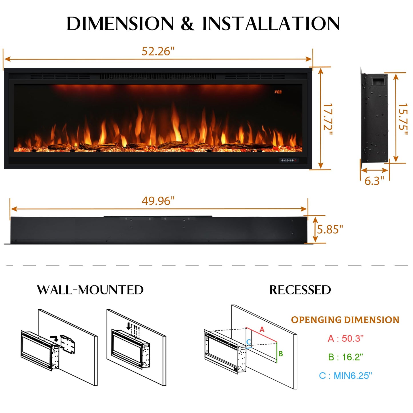 Smart 50 inch WiFi-Enabled Electric Fireplace Inserts, Wall Mount & in Wall recessed Fireplace Heater, w/Realistic Log &Crystals, Adjustable Flame Color, Thermostat and Timer, 750W/1500W, Black