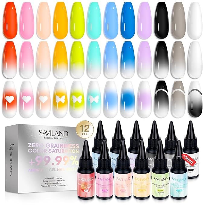 SAVILAND Airbrush Gel Nail Polish Hema-Free: Dilution-free 30ML Airbrush Polish Set, Cool & Warm Colors Non-Acetone Airbrush Stencils for Nails Airbrush for French Nail Art Manicure DIY Salon & Party