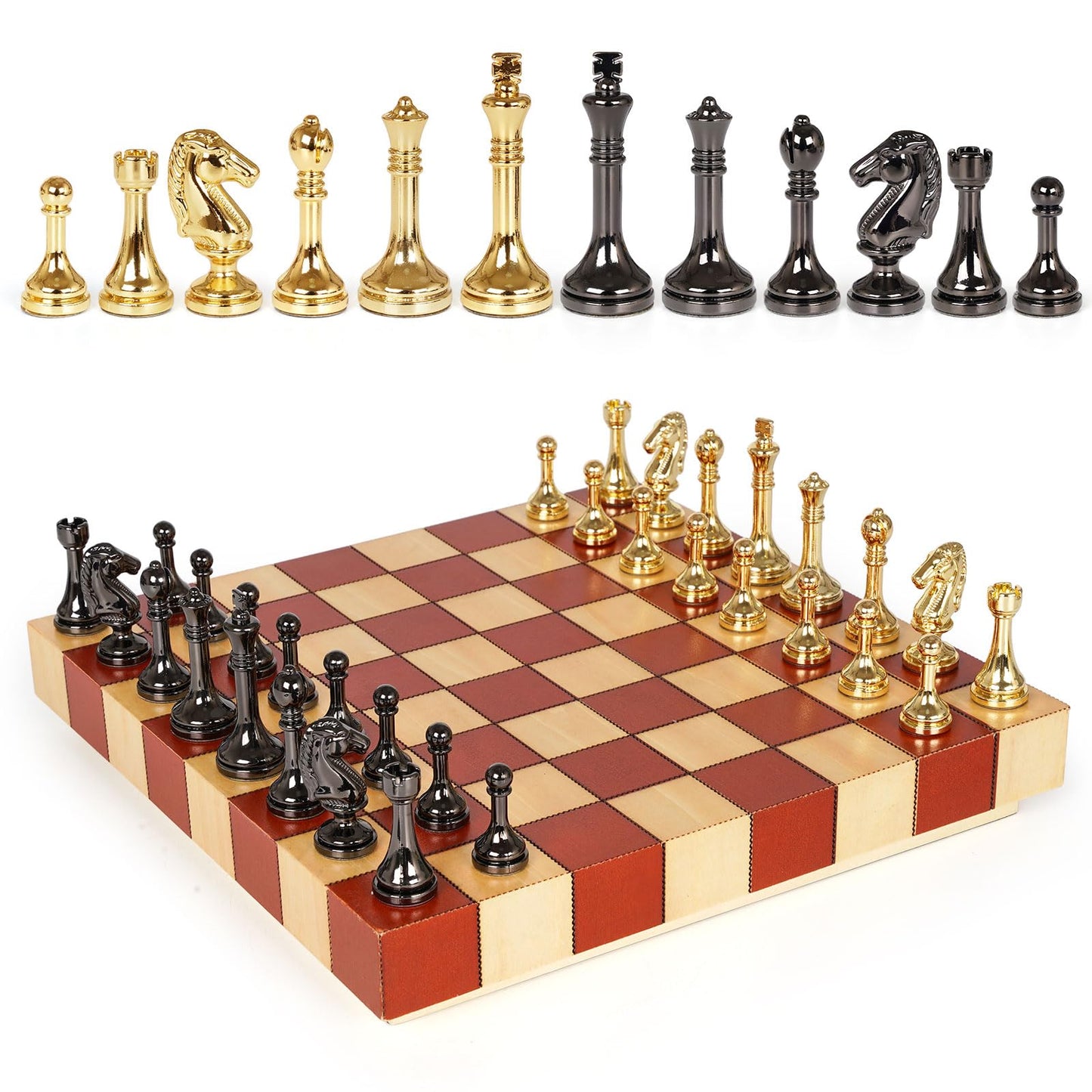 Metal Chess Set – Wooden Chess Board Set Travel Chess Sets,Metal Handcrafted Chessmen, Bonus 2 Extra Queens, Portable Classic Chess Game for Adults Family Board Game