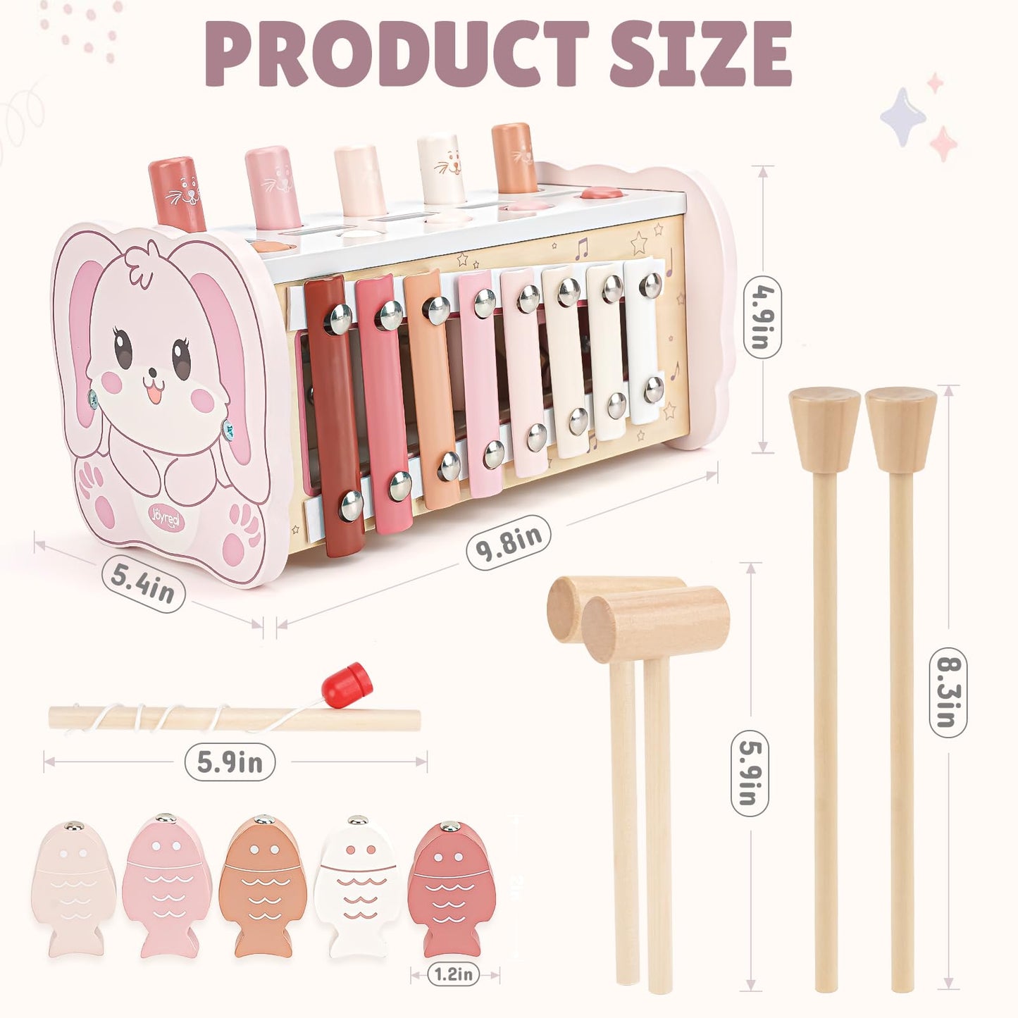 Joyreal Montessori Toys for 1 Year Old Girl Gift - Pink Wooden Hammering Pounding Toy with Xylophone & Fishing Game - Toddler Learning Activities for Kids 1+ 2 3 Year Old Christmas Birthday Gifts