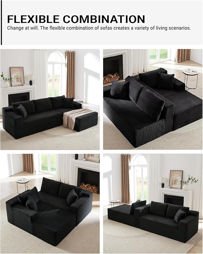 Vanress Cloud Couch Sectional, Corduroy Boneless Couch with L-Shape Chaise, Modern Modular Sectional Sofa Comfy Deep Seat for Living Room, Bedroom, No Assembly (Black, Right Facing Chaise)