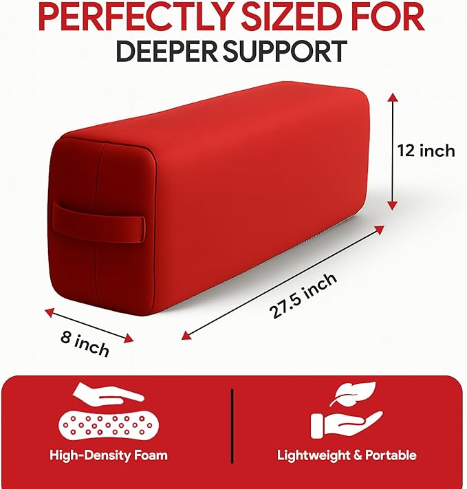 Rectangular Yoga Bolster Pillow for Meditation, Yoga & Back Support – Soft Meditation Cushion with Removable Hand Wash Cotton Cover & Carry Handle (Red)