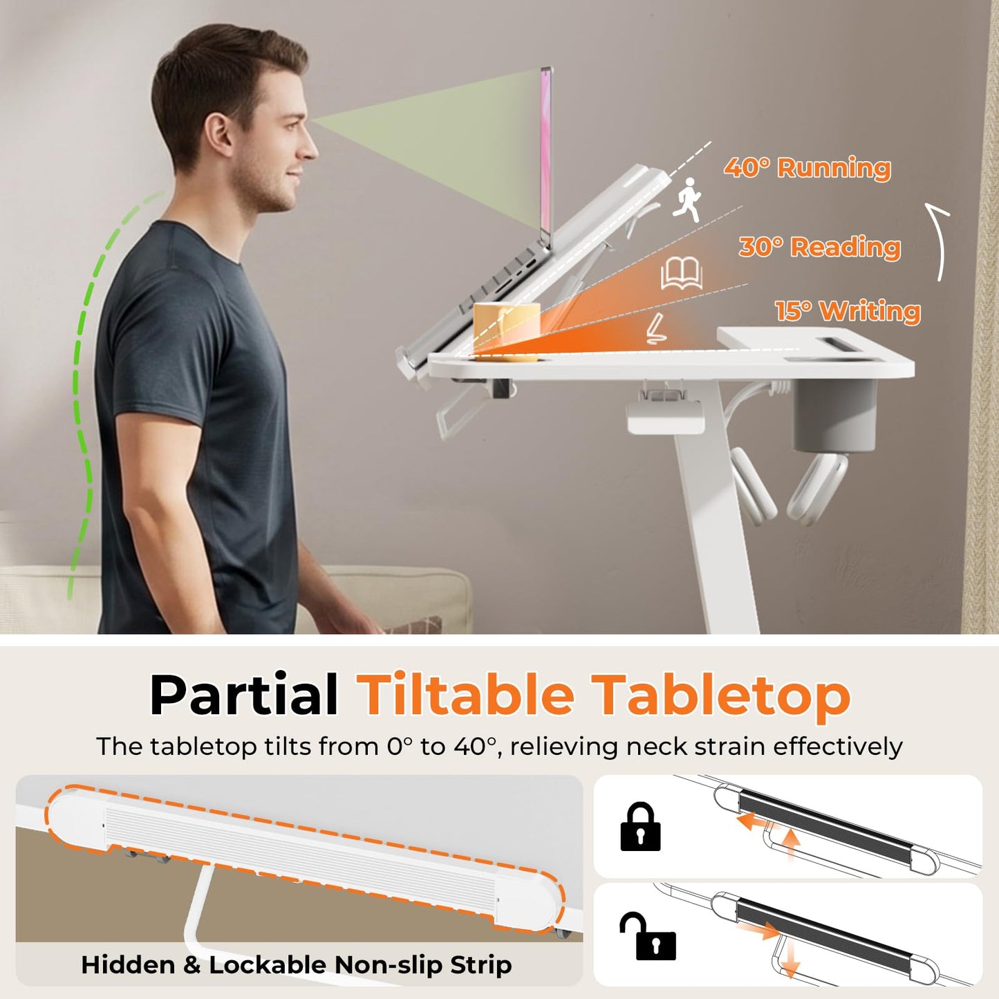JOY worker Mobile Standing Desk for Treadmill, 31.5" Small Pneumatic Height Adjustable Walking Pad Desk, 40° Foldable Rolling Bike Trainer Stand Table on Wheels with Cup Holder & Towel Rack, White