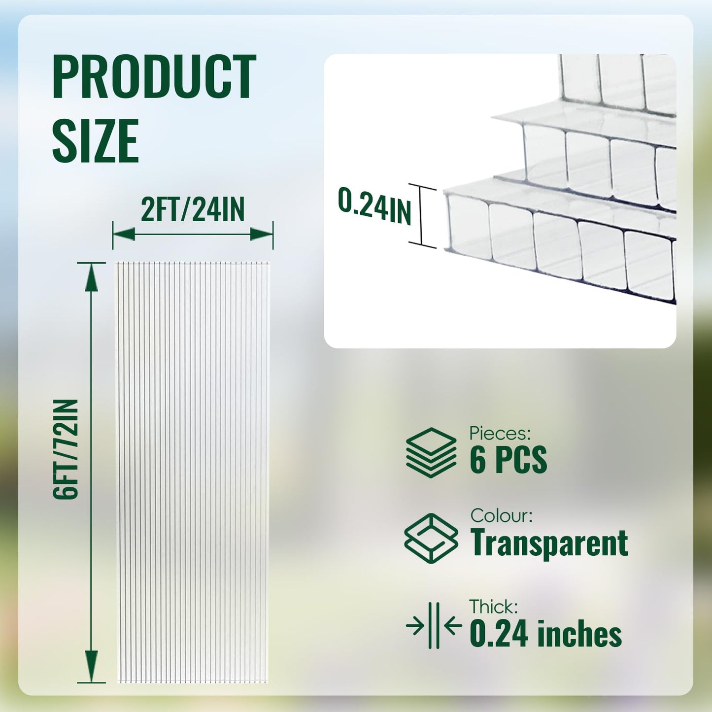 EVERECO 6 Pcs Polycarbonate Greenhouse Panels, 6'FT x 2'FT x 0.24" in Twin-Wall Polycarbonate Sheet, All-Season UV Protected Plastic Roof Sheeting for Greenhouse Covering/Outdoor Garden