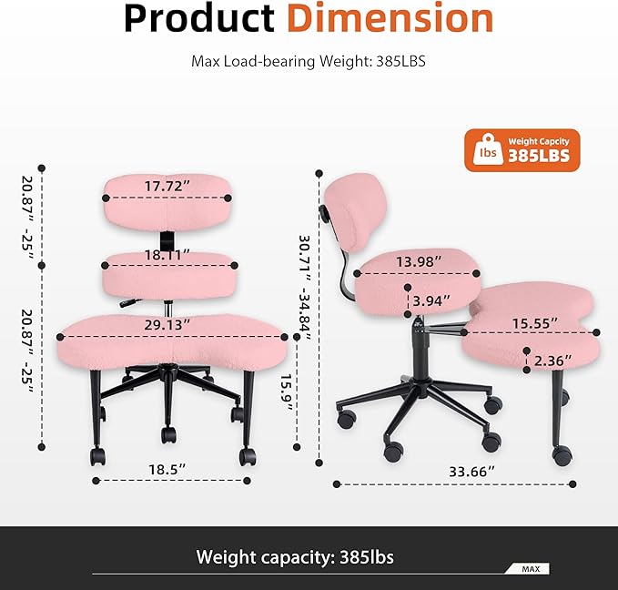 DUMOS Ergonomic ADHD Cross Legged Office Desk Chair with Adjustable Backrest, Height Adjustbale Meditation Chair with 360° Swivel Footstool, Teddy Fabric Yoga Stool for Home Office, Pink