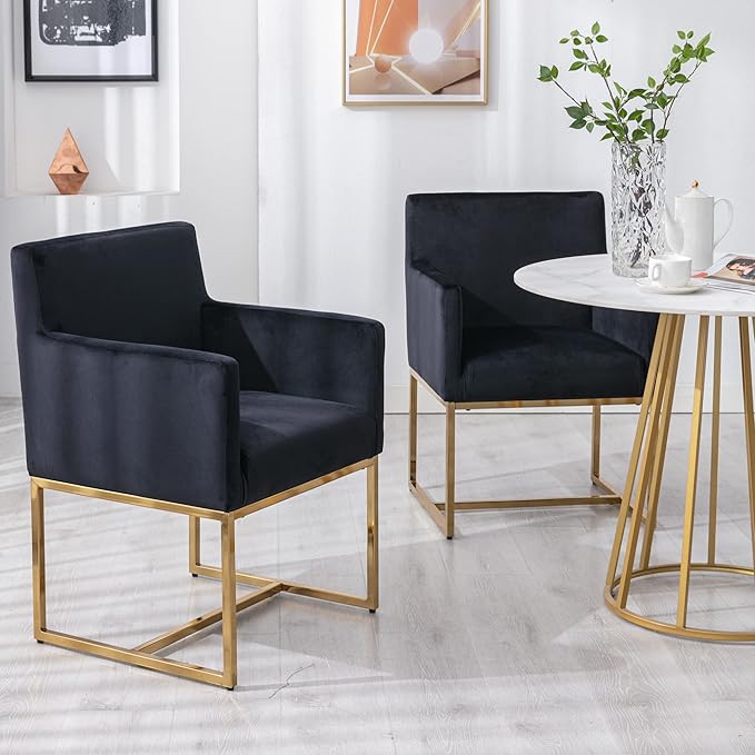 BESTANO Set of 2 Upholstered Velvet Dining Chairs with Armrest, Mid Century Modern Accent Armchairs, Modern Kitchen & Dining Room Chairs with Gold Frame, Black