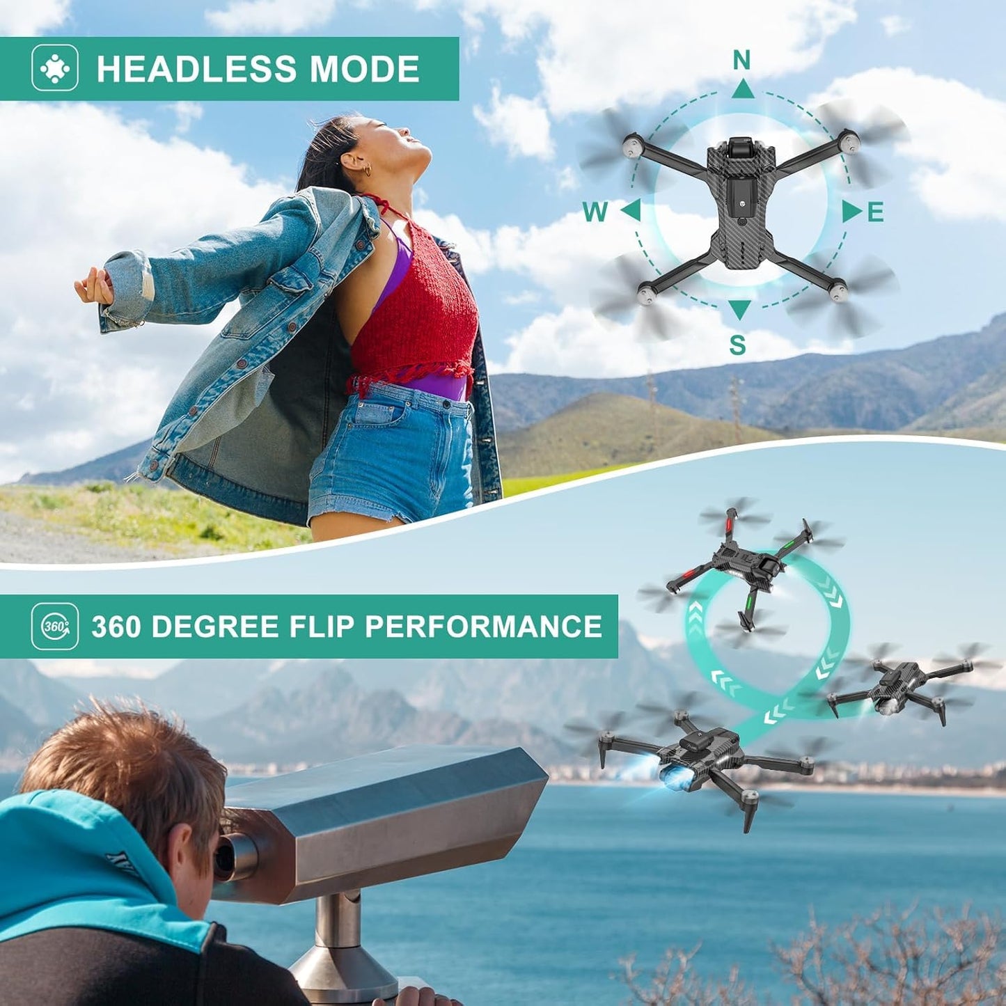 4K Camera Drone for Kids 8-12 & Adults - Beginner-Friendly Mini Drone with Emergency Stop, 360° Flips, Carrying Case & 2 Batteries, Headless Mode,RC Quadcopter Toys for Boys Girls Age 6-14-Charcoal black