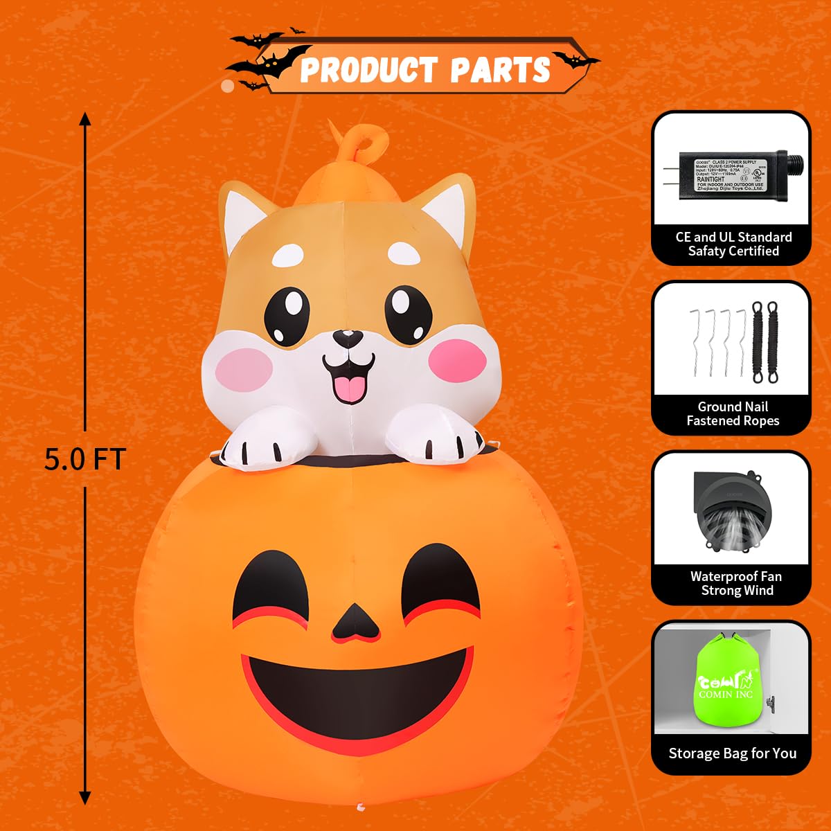 COMIN 5FT Halloween Inflatables Dog Lie on Pumpkin Blow Up Outdoor Yard Decorations with Built-in LEDs for Garden Lawn Decor