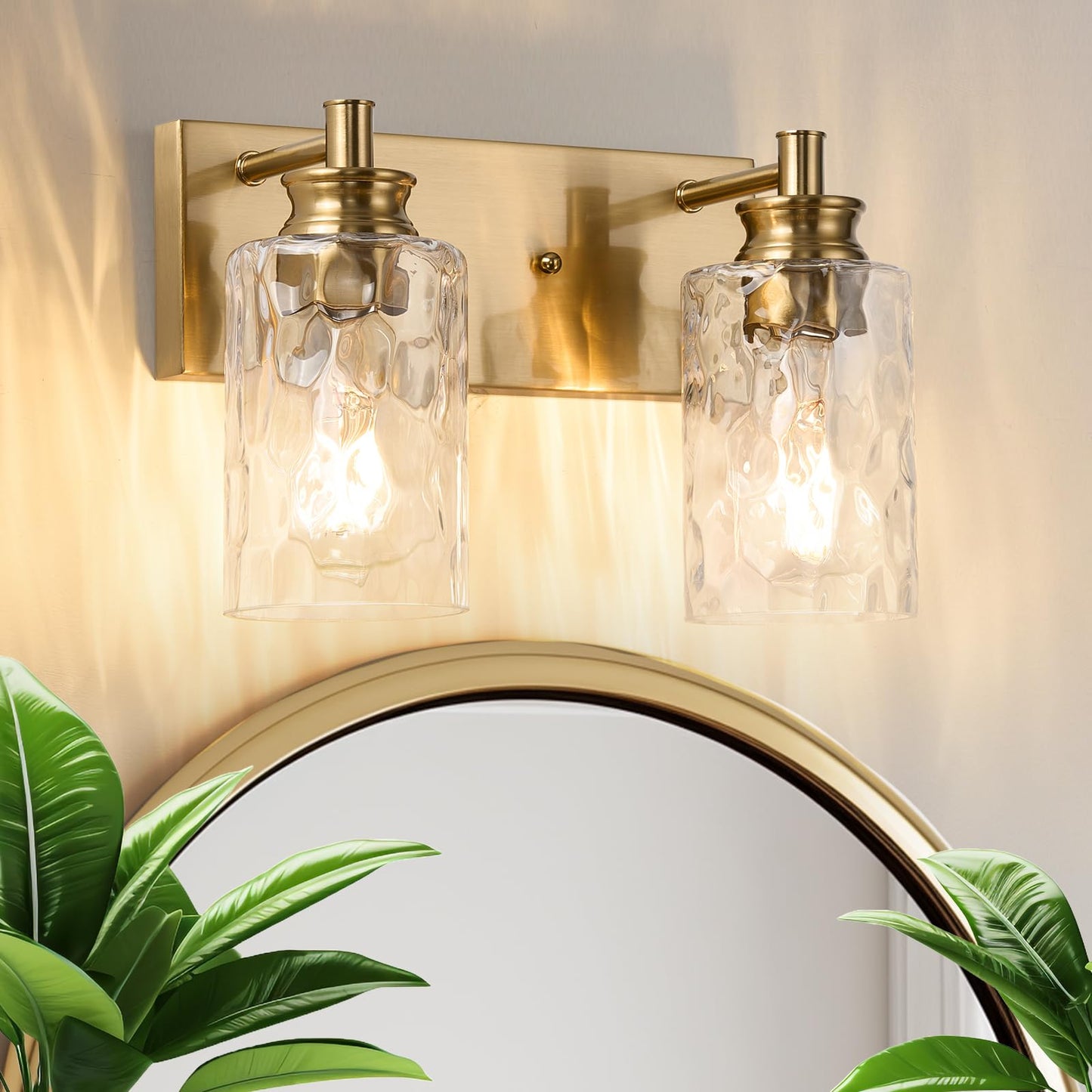 AMRUIPO 2 Light Bathroom Vanity Light Modern Brushed Gold Bathroom Light Fixtures Over Mirror with Hammered Glass Lampshade for Kitchen Hallway