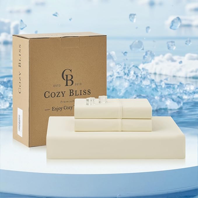 Cozy Bliss Premium Cooling Sheet Set Cali King Size, Q-Max>0.4, 3PCS No Flat Sheet with 2 Pillowcases, Breathable Fitted Sheet for Hot Sleepers & Night Sweats, Deep Pocket Up to 18 Inches, Cream White